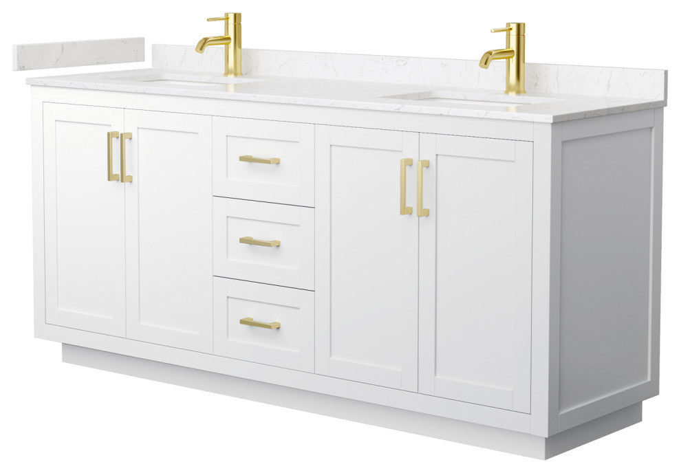 72"DBL Vanity White, Light-Vein Carrara Cult. Marble Top, Sinks, Gold Trim