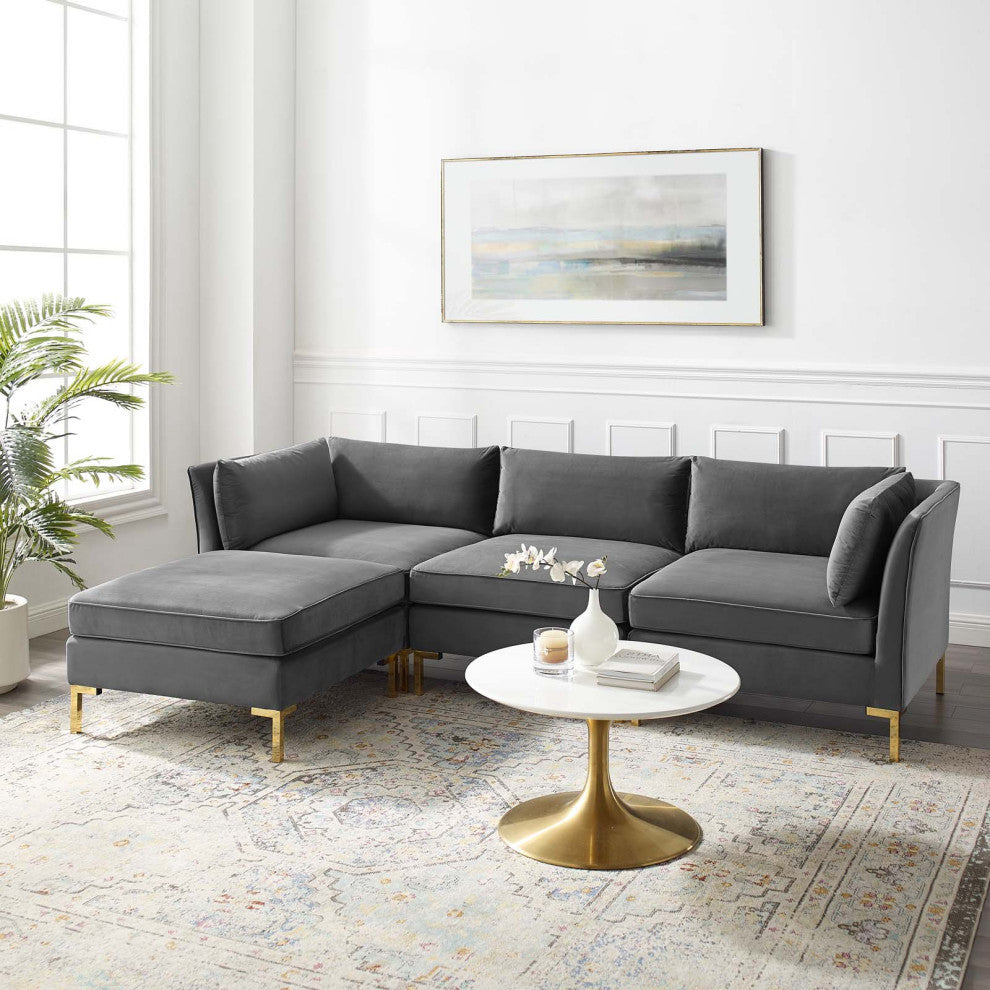 Sectional Sofa Set, Velvet, Gray, Modern, Living Lounge Hotel Hospitality