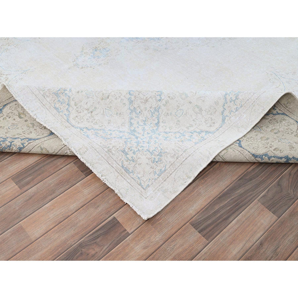 Spring White, Pure Wool, Hand Knotted, Vintage Persian Kerman Rug, 9'4"x12'3"