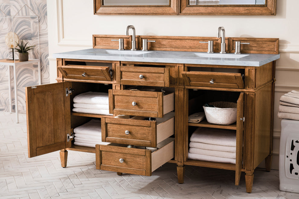 Brittany 60" Saddle Brown Double Vanity, Carrara Marble Top
