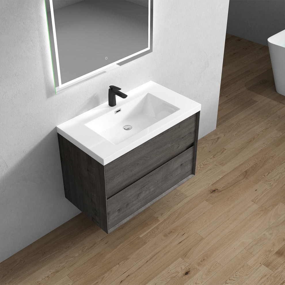 Kingdee Smoke Oak Wall Mounted Vanity With Reinforced Acrylic Sink, 36''