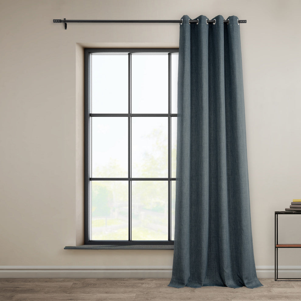 Faux Linen Grommet Room Darkening Curtain Single Panel, Reverie Blue, 50w X 96l