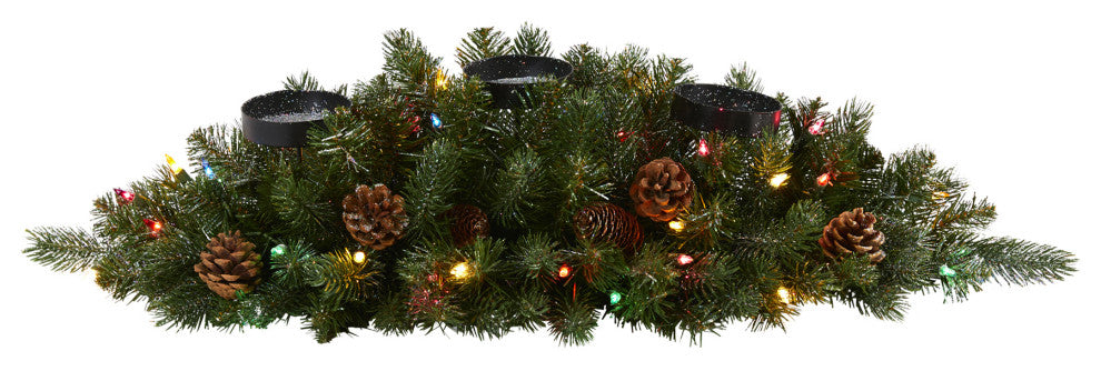 30ï¿½Flocked and Glittered Christmas Triple Candelabrum / 35 Lights and Pine Cones