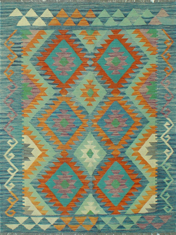 Sangat Kilim Theadore Rust/Light Green Rug, 4'2x5'7