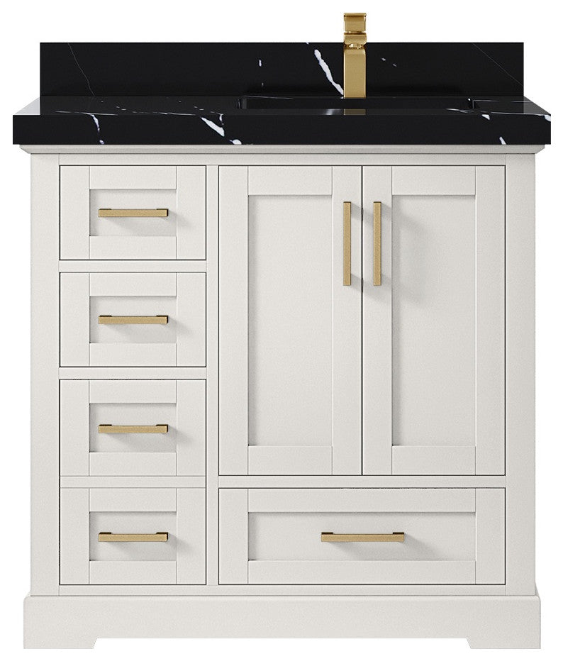 Boston 36" Right Offset Bath Vanity in Alabaster 2" Calacatta Black