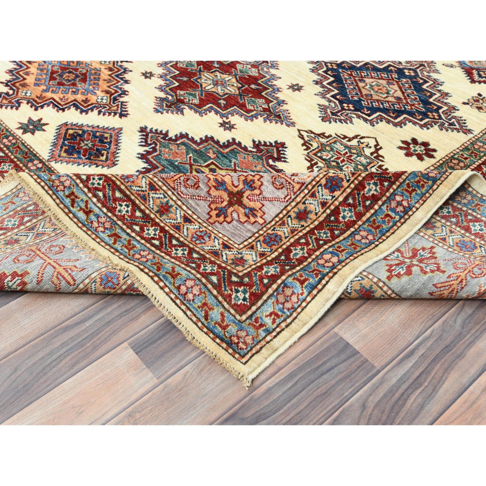 Ivory, Afghan Super Kazak Natural Wool Hand Knotted Oriental Rug, 9'3"x12'0"