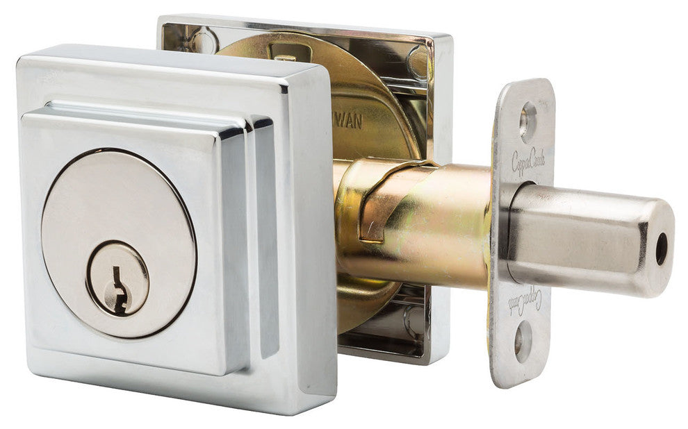 Mid Century Single Cylinder Deadbolt, Polished Stainless