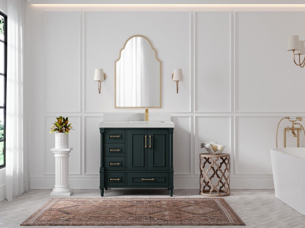 Aberdeen 36 Right Offset Bath Vanity in Dark Forest Green 2" Carrara Quartz