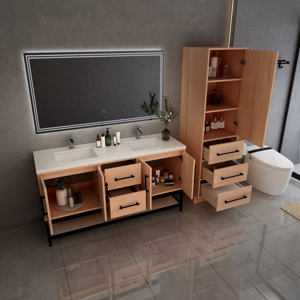 Victoria 60'' Solid Wood Open Shelf Bath Vanity Double Sink, Red Oak