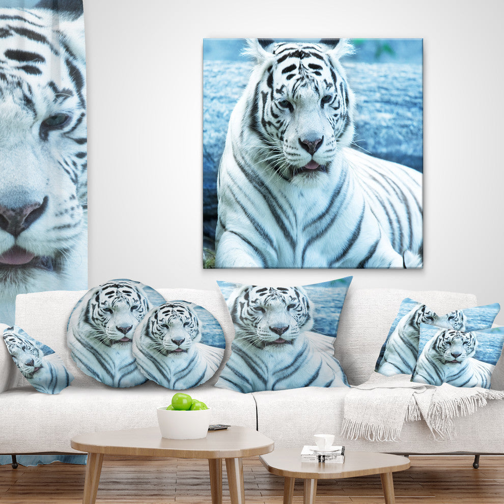 Silver Tiger With Water Background African Throw Pillow, 18"x18"