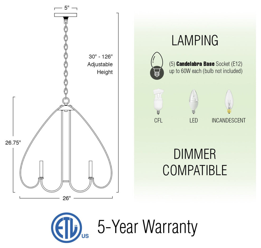 Kira Home Yarbrough 27" Farmhouse Pendant Chandelier, Delicate Curved Pendant