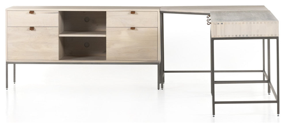 Trey Desk System With Filing Credenza Dove Poplar, Natural Iron, Toffee Leather