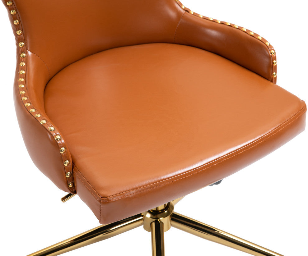 Hendrix Swivel and Adjustable Vegan Leather Office Chair, Cognac, Rich Gold Base