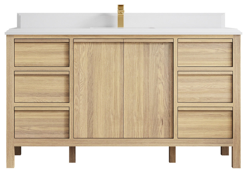 Elizabeth Oak 60" Single Sink Vanity, White 1.5" White Quartz