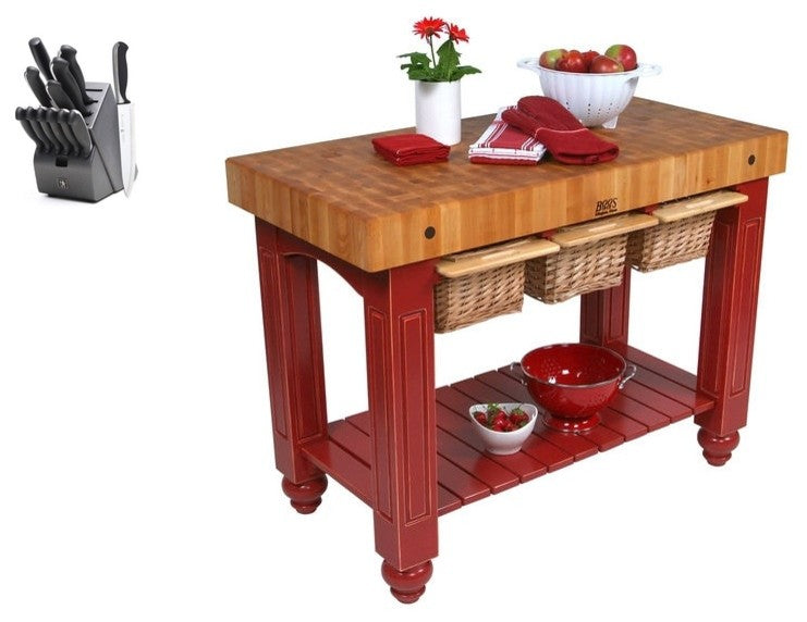 John Boos 48x24 Butcher Block and Henckels Knife Set, Barn Red
