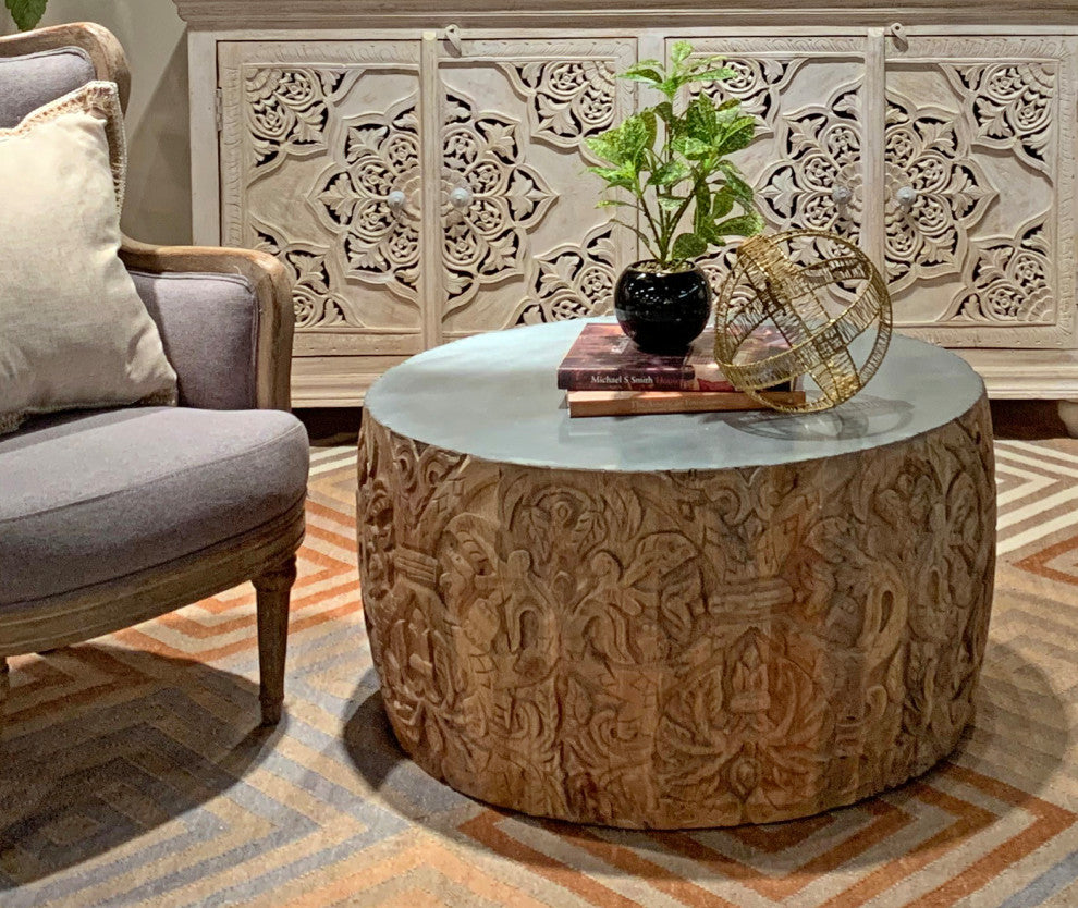 Carter Cruz Cocktail Table, Zinc Top on Hand-carved Solid Wood Base