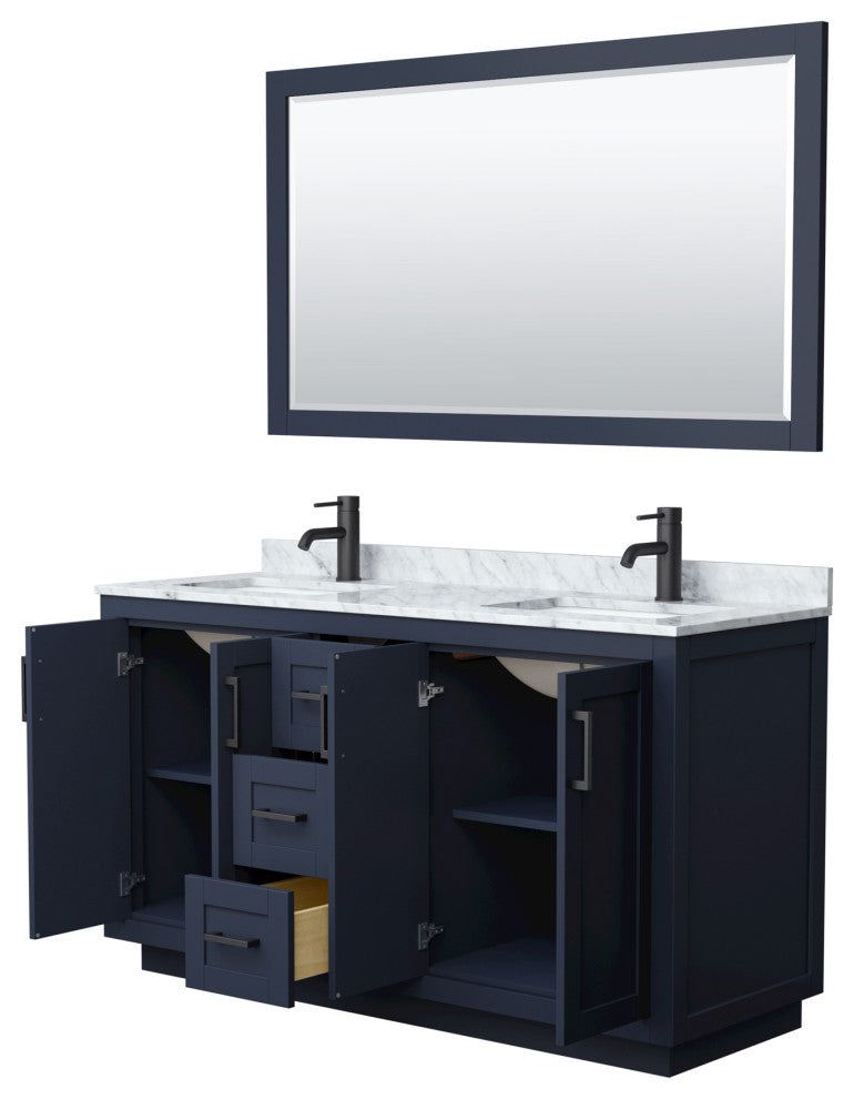 60"DBL Vanity Dark Blue, Carrara Countertop, Sinks, Black Trim, 58"Mirror