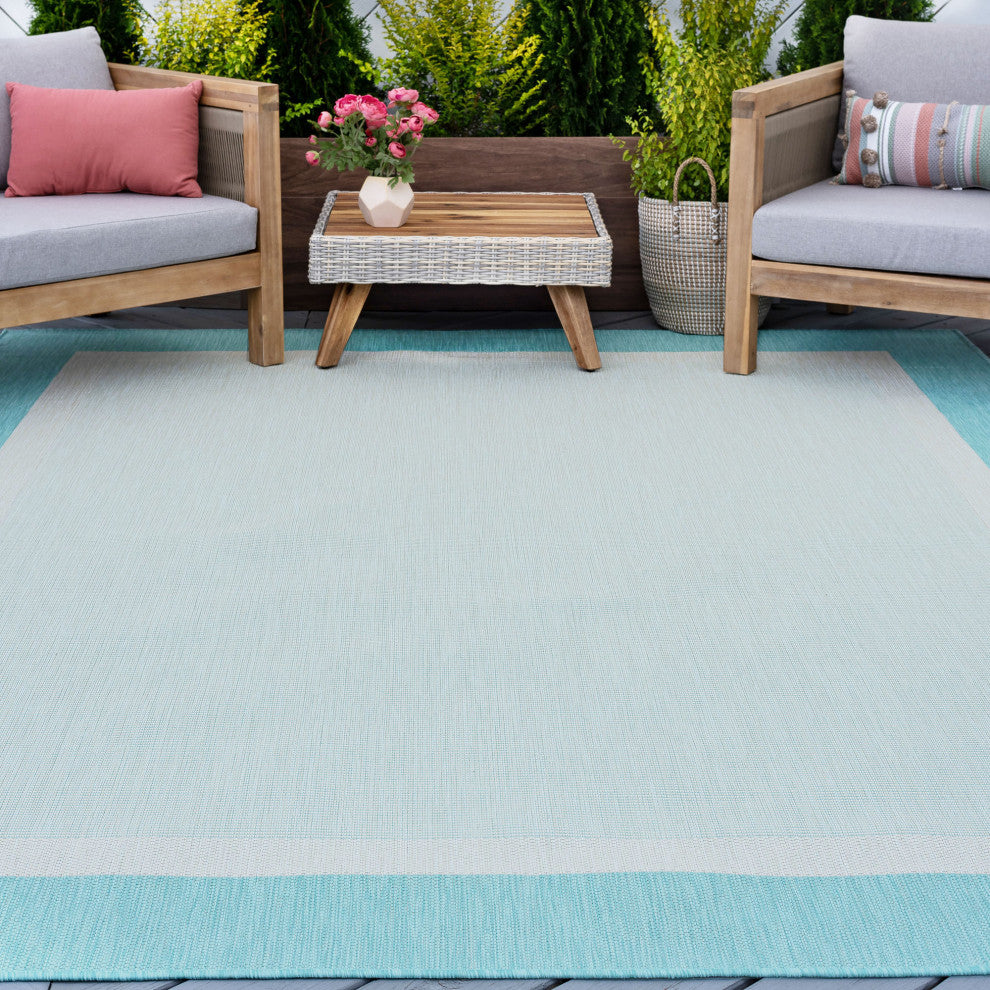 Dania Transitional Solid Border Aqua Rectangle Indoor/Outdoor Area Rug, 8'x10'