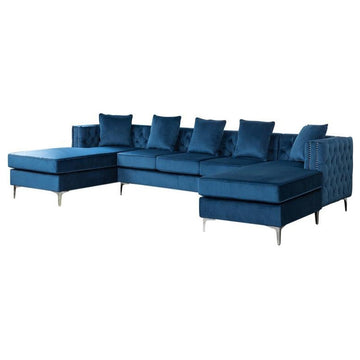 Ryan Deep Blue Velvet Double Chaise Sectional Sofa with Nail-Head Trim