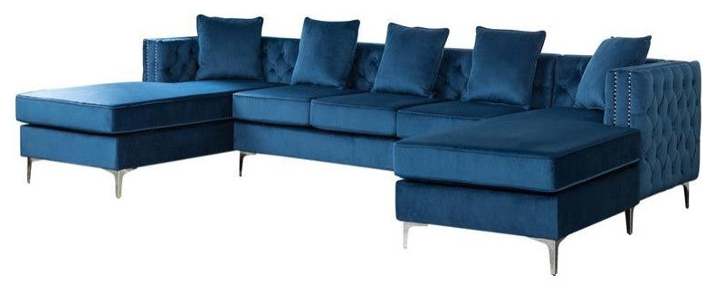 Ryan Deep Blue Velvet Double Chaise Sectional Sofa with Nail-Head Trim