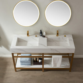 Bilbao Vanity with Metal Bracket & Stone Top, Brushed Gold, 72", With Mirror