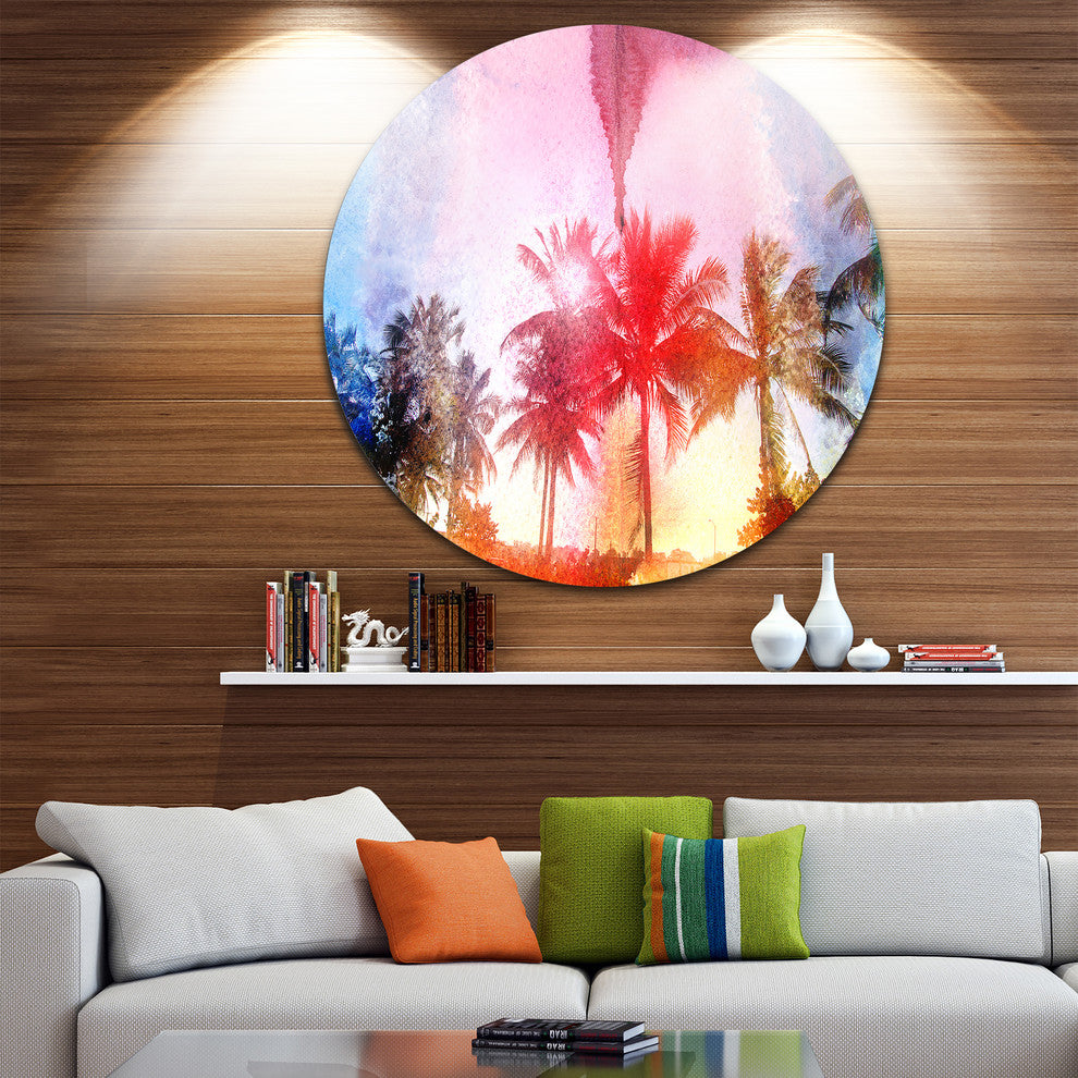 Retro Palm Trees Long View, Landscape Painting Disc Metal Wall Art, 23"