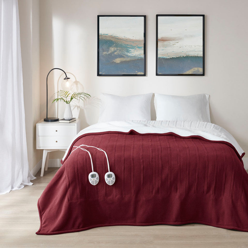 Serta Fleece to Sherpa Heated Fleece and Sherpa Bedding Blanket, Burgundy