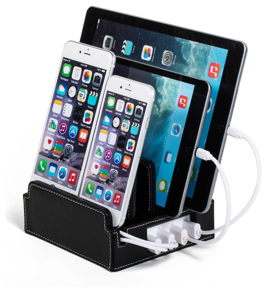 Compact Charging Station With Integrated 4-Port USB, Black Leatherette, With Set