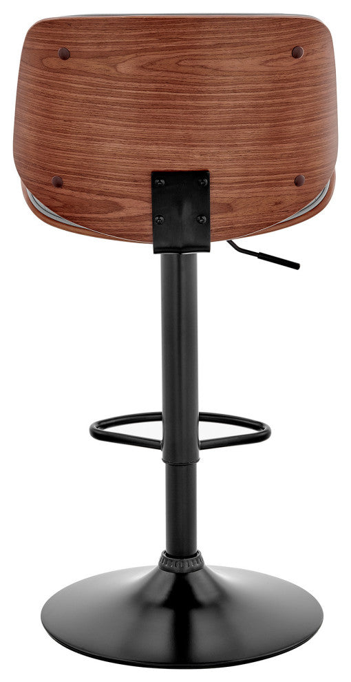 Adjustable Gray Faux Leather Black Steel and Walnut Bar Stool