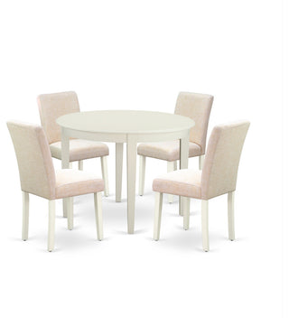 5Pc Round 42" Kitchen Table, Four Parson Chair, White Leg, Fabric Light Beige