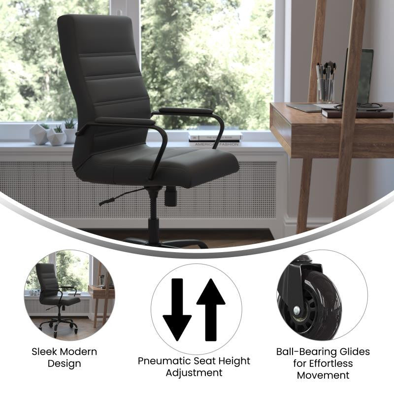 Whitney High Back Executive Swivel Office Chair with Black Frame & Arms, Black Leathersoft/Black Frame