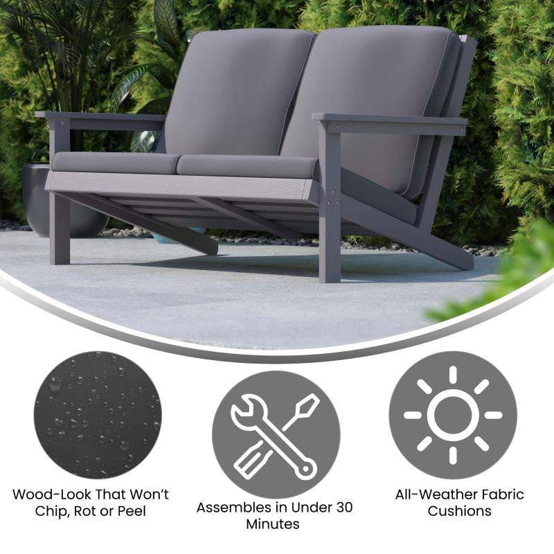 Charlestown All-Weather Poly Resin Wood Adirondack Loveseat with Cushions, Gray