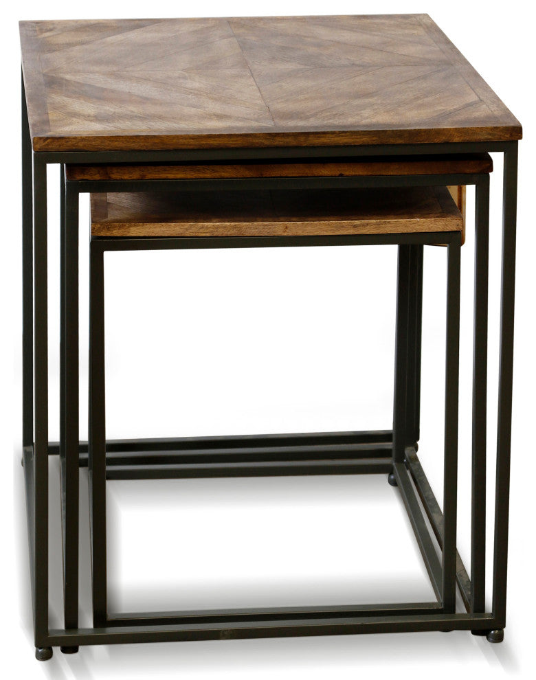 Logan - Set Of Three Nested Side Tables - Dark Wood Finish - Black Iron Frame