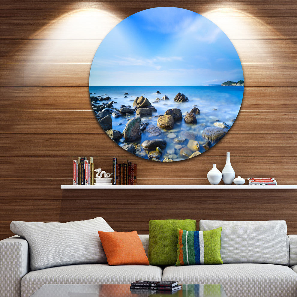 Baratti Bay Rocks In Waters At Sunset, Seashore Disc Metal Artwork, 36"