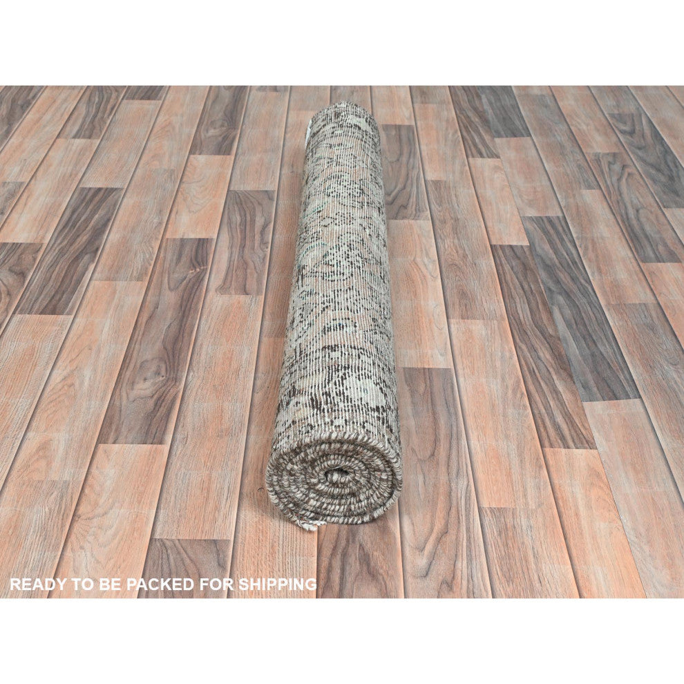 Beige Hand Knotted Vintage Persian Hamadan Pure Wool Clean Runner Rug, 3'5"x9'2"