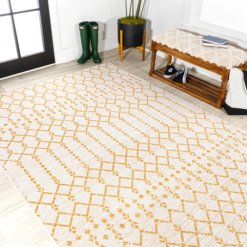 Ourika Moroccan Geometric Indoor/Outdoor Rug, Cream/Yellow, 4x6