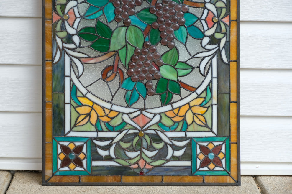 20" x 33.75" Large Handcrafted glass window panel Grape W/ Vine