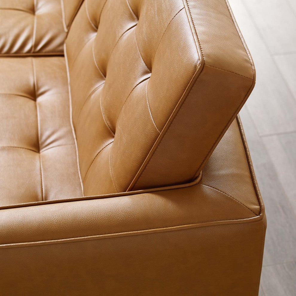 Modern Designer Lounge Sofa, Faux Vinyl Leather Metal Steel, Tan Brown