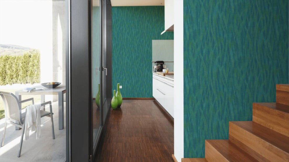 Botanical and Jungle Textured Wallpaper, Grass, Blue Gold Green Metallic, Sample