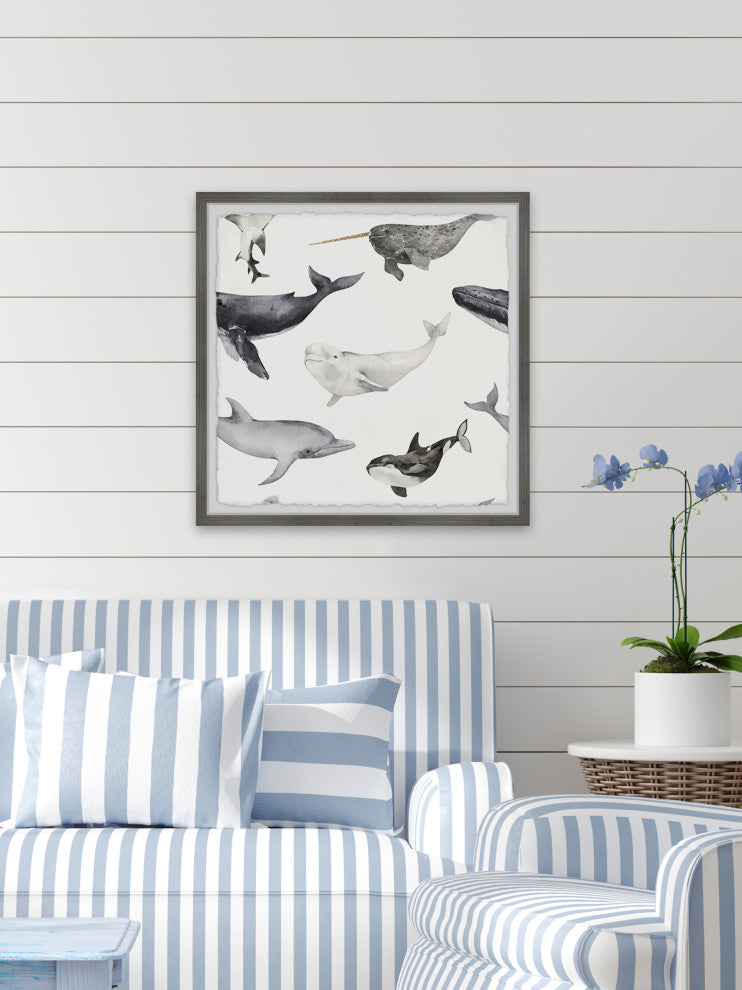 "Dolphins and Whales" Framed Painting Print, 32x32