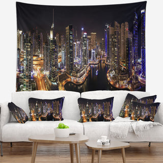 Dubai Marina View at Night Cityscape Wall Tapestry, 60"x50"