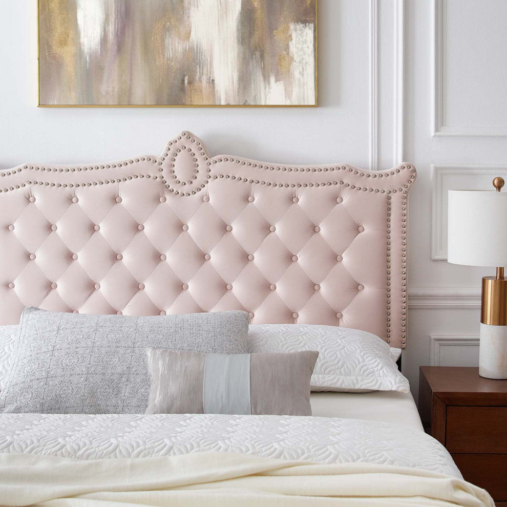 Platform Bed Frame, Nailhead, Queen Size, Pink, Velvet, Modern, Guest Suite