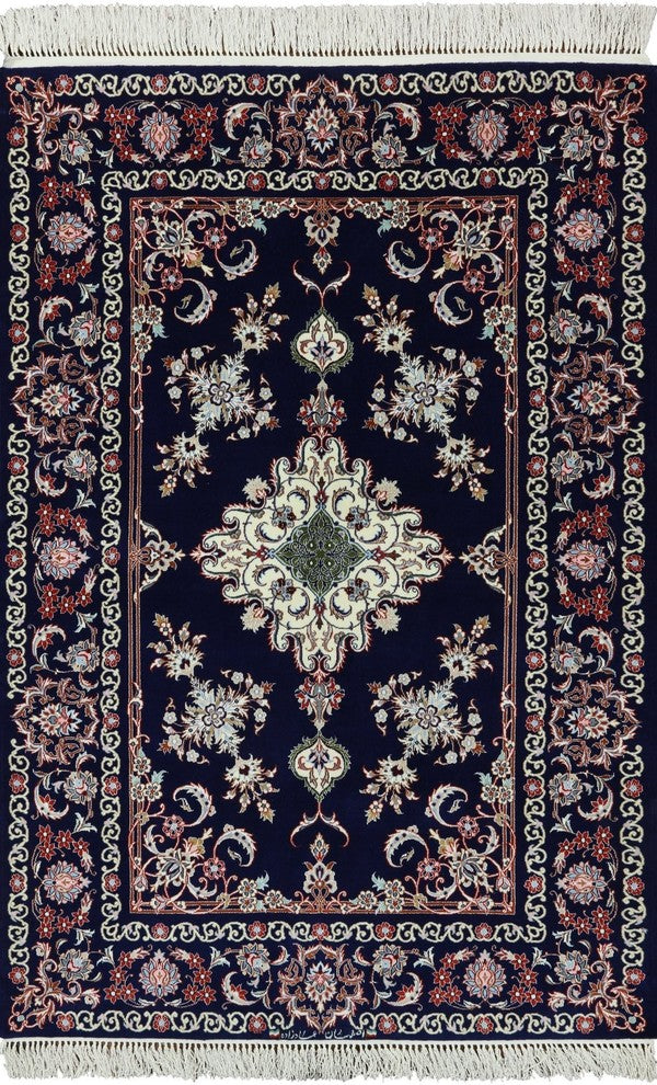 Wool and Silk Signed Authentic Persian Isfahan Hand Knotted Area Rug, 4'x6'