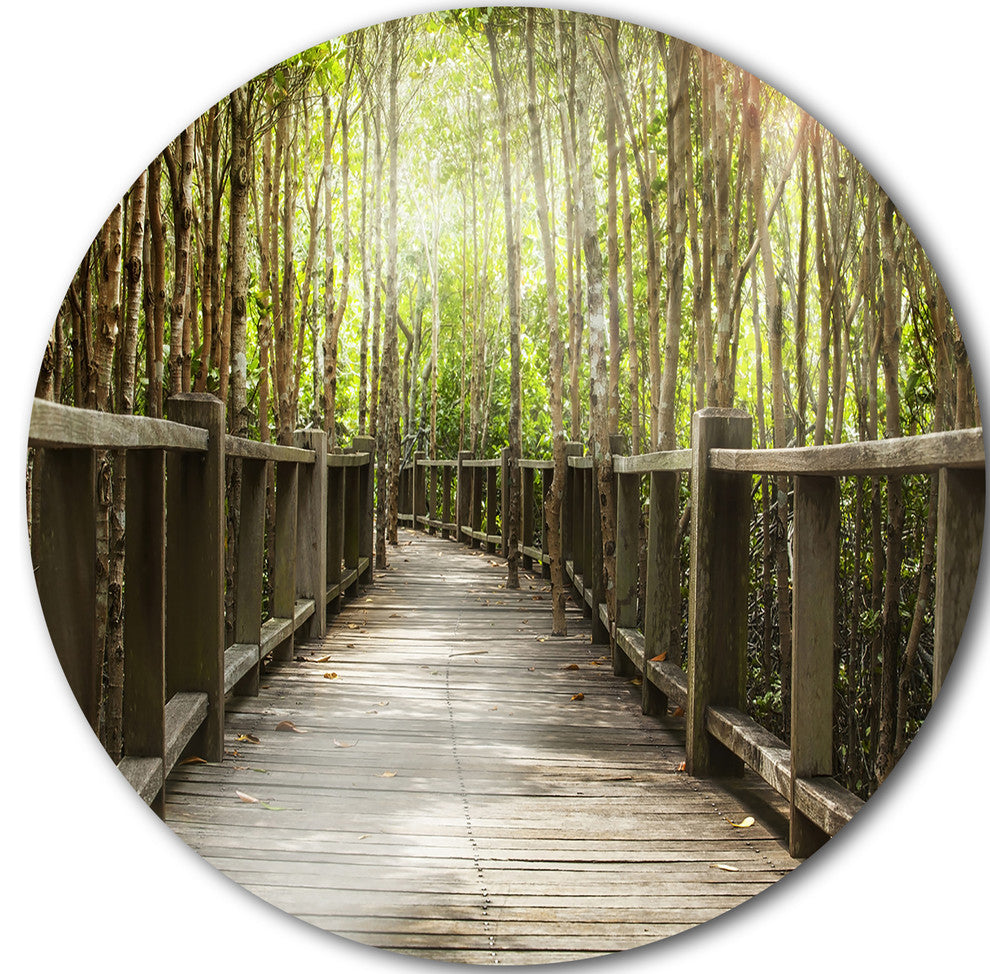 Wooden Bridge In Forest, Landscape Photography Round Metal Artwork, 11"