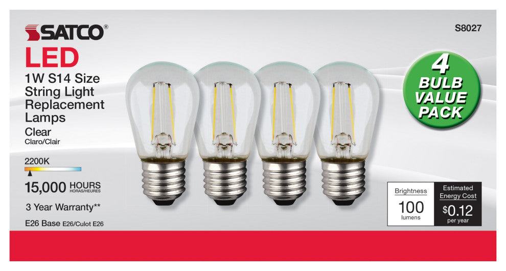 S14 LED String Light Replacement Bulb, 2200K, 120V, Replacement 4-Pack