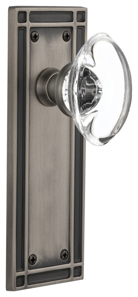 Mission Plate Passage Oval Clear Crystal Glass Knob, Antique Pewter