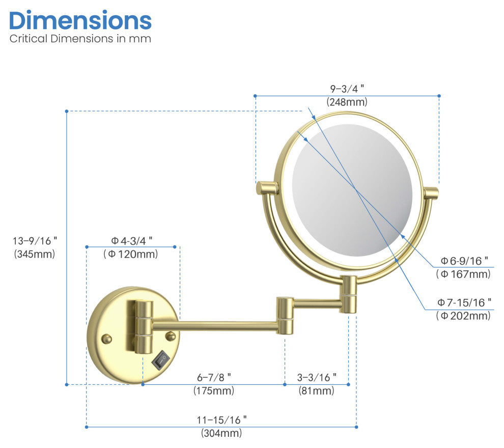 Circular LED Wall Mount Magnifying Make Up Mirror, Brushed Gold
