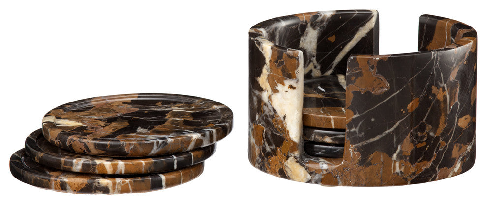 Dionysus Collection Black and Gold Marble 6 Piece Coaster Set w/Caddie, Black an
