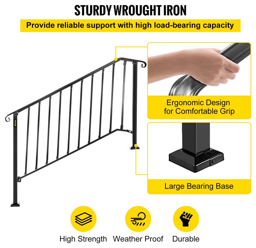 Wrought Iron Handrail Outdoor Stair Rail with Installation Kit, Black, Fit 4-5 Steps