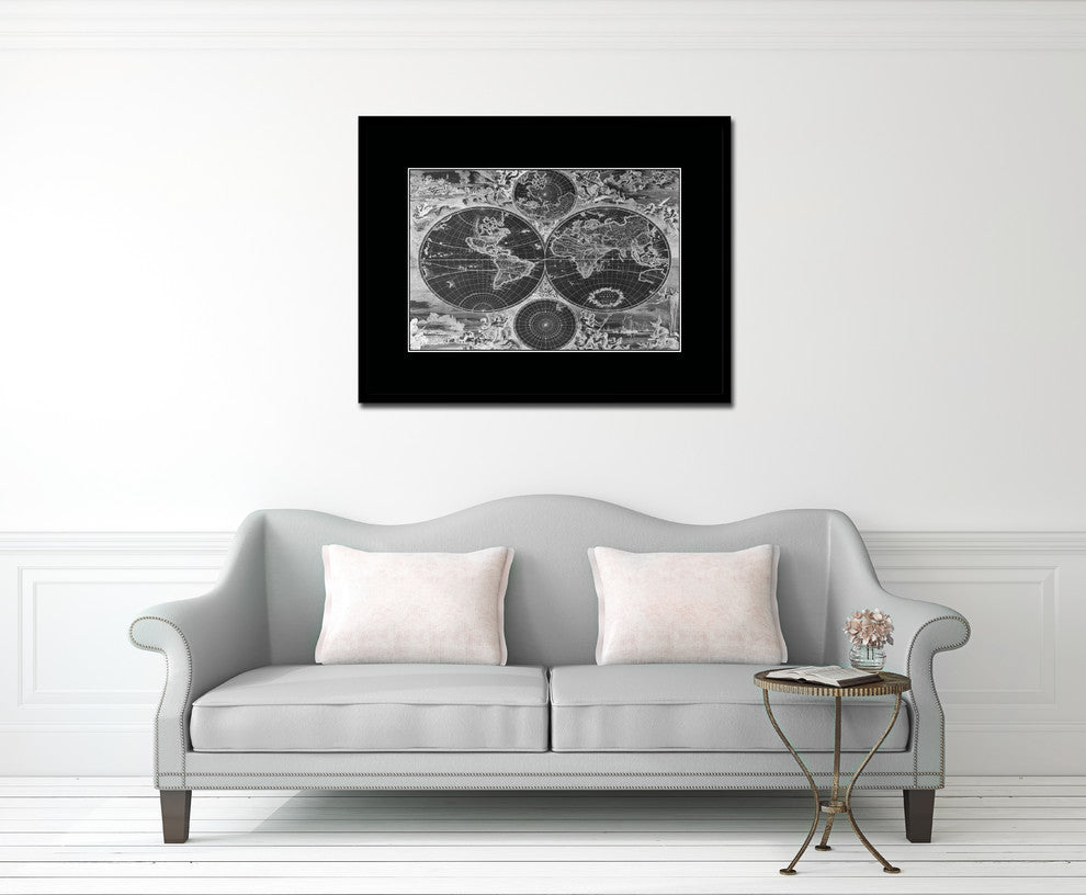World Hemispheres Monochrome Map Print On Canvas With Black Frame, 16" X 21"